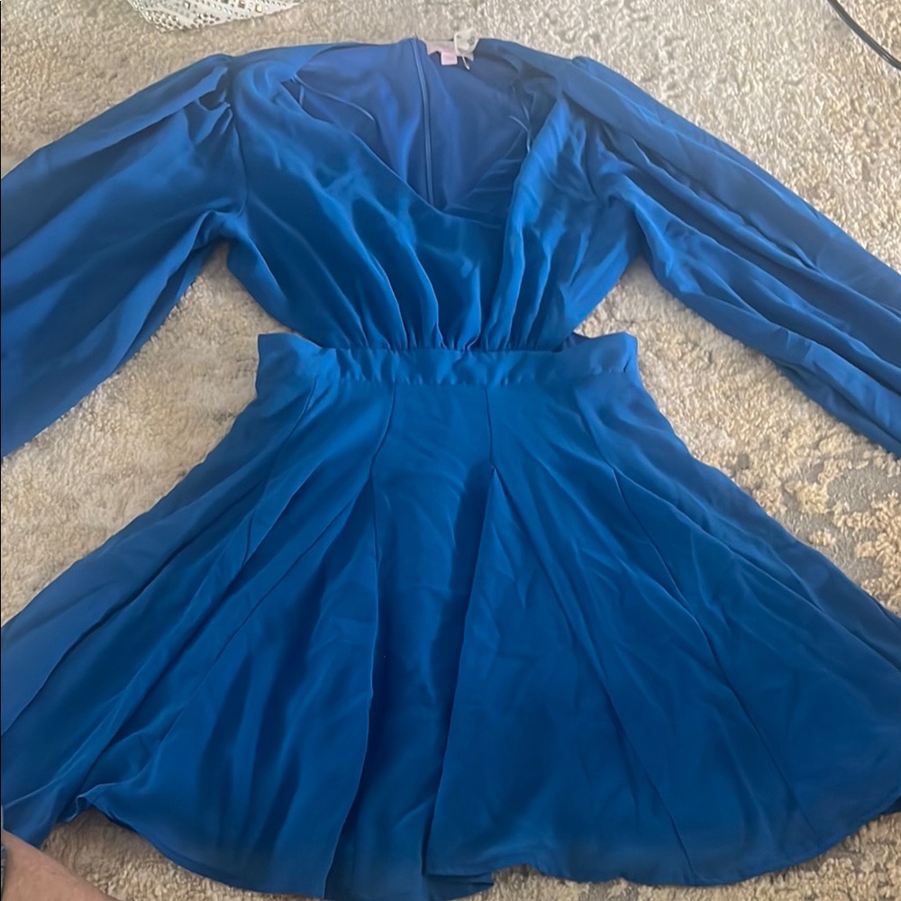 Pink Lily Blue Fit and Flare Bishop Sleeve Dress
